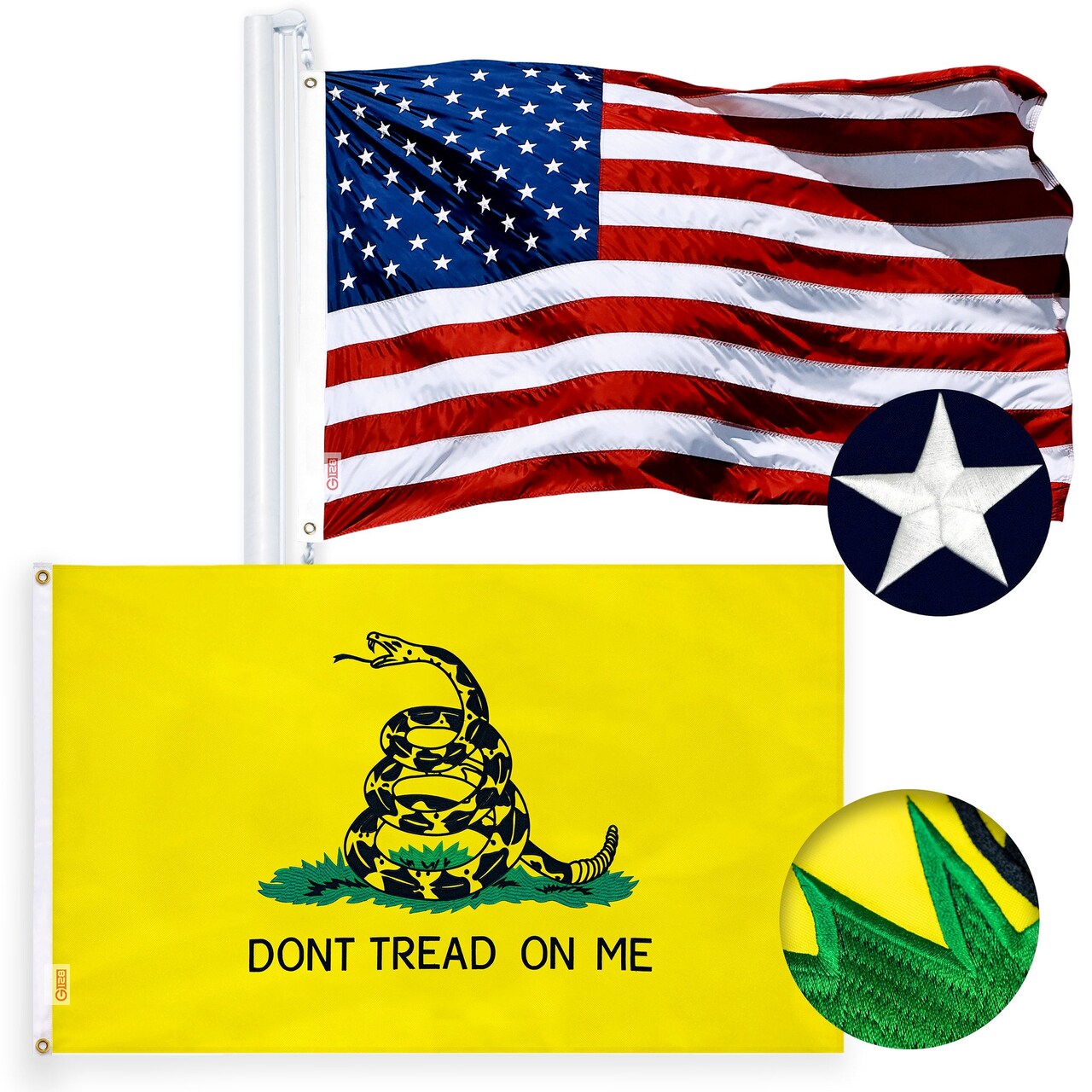 G128 Combo Pack: American USA Flag ToughWeave Series 4x6 Ft Single Sided & Gadsden Don't Tread On Me Flag Double Sided 4x6 Ft Double ToughWeave Series | Both Embroidered Polyester, Brass Grommets